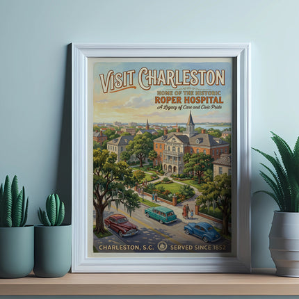Vintage poster of Roper Hospital in Charleston, SC, served since 1852.