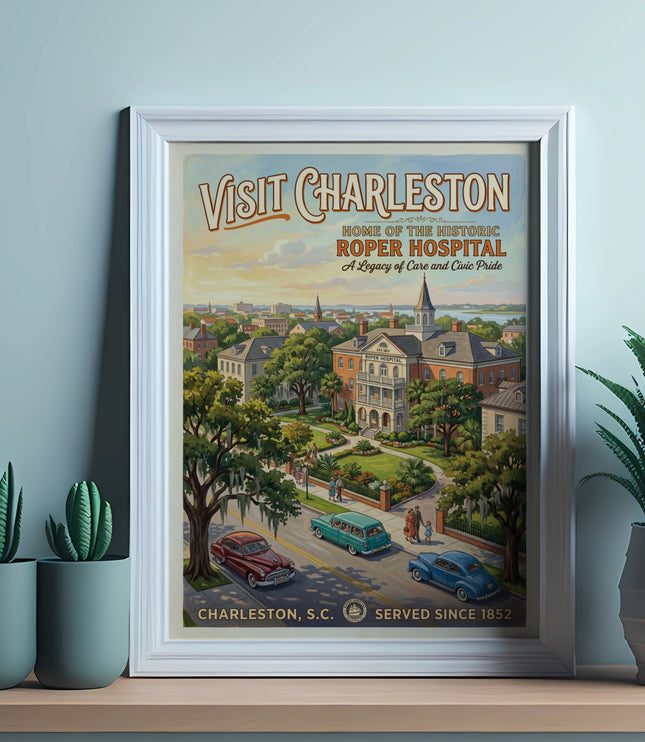 Vintage poster of Roper Hospital in Charleston, SC, served since 1852.