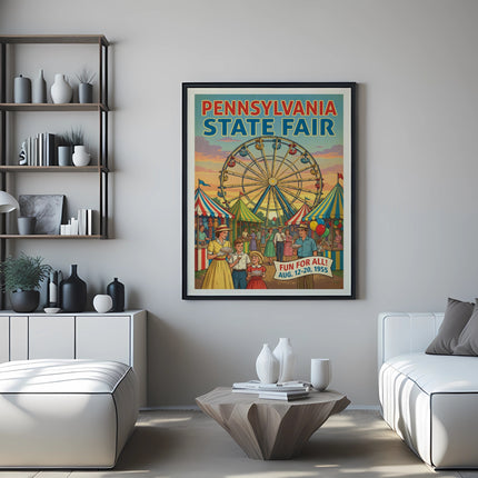 Pennsylvania State Fair poster with Ferris wheel, rides, and text "FUN FOR ALL!".