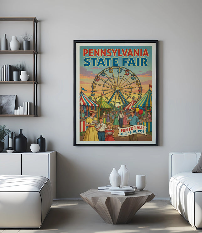 Pennsylvania State Fair poster with Ferris wheel, rides, and text "FUN FOR ALL!".