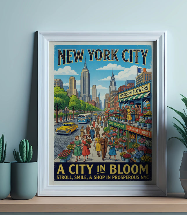 New York City skyline with people shopping at flower stalls and text: A City In Bloom.