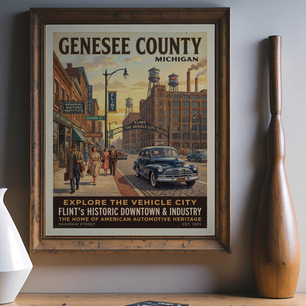 Genesee County, Michigan poster featuring Flint's historic downtown and automotive industry.