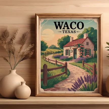 Framed illustration of a charming cottage scene with "Waco Texas" text.