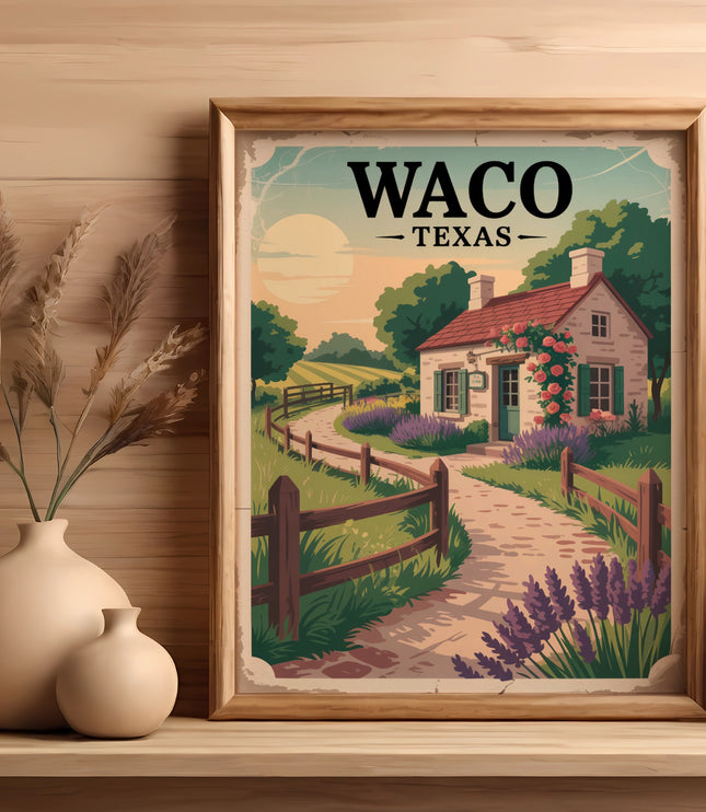 Framed illustration of a charming cottage scene with "Waco Texas" text.