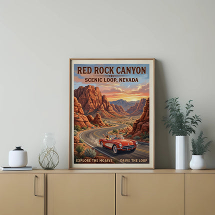Red Rock Canyon Scenic Loop, Nevada travel poster with a classic car driving through a desert landscape.