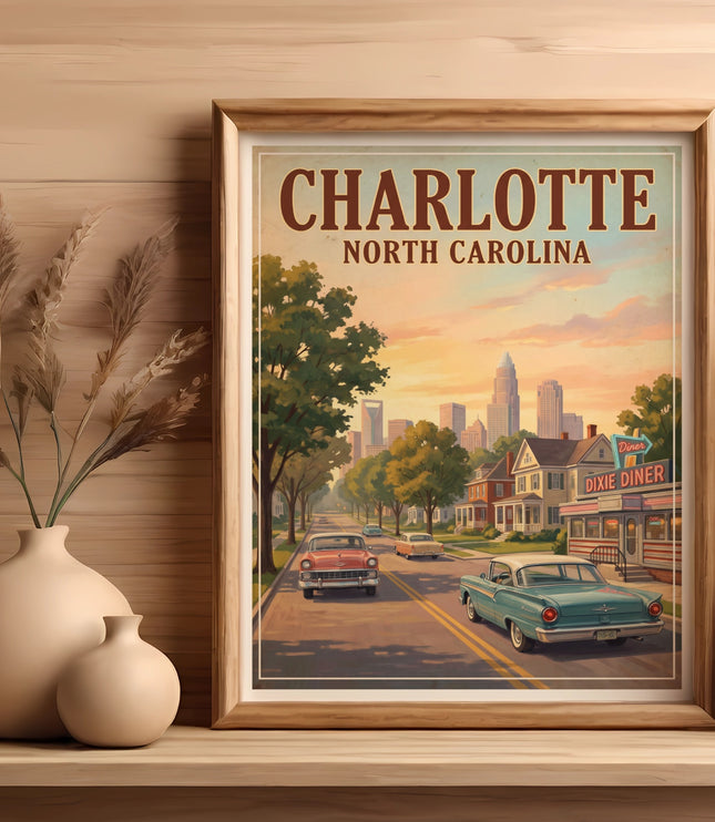 Poster depicts Charlotte North Carolina with retro cars and Dixie Diner.