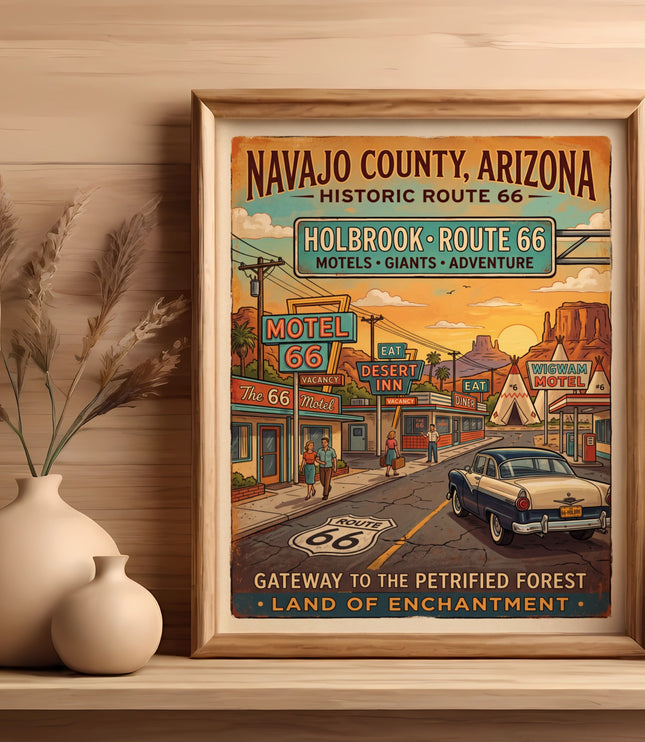 Navajo County, Arizona Route 66 poster with vintage motel and car scene.