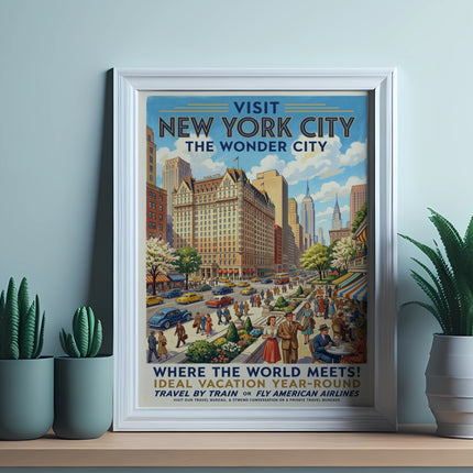 Vintage "Visit New York City" poster featuring Plaza Hotel, people, and cars.