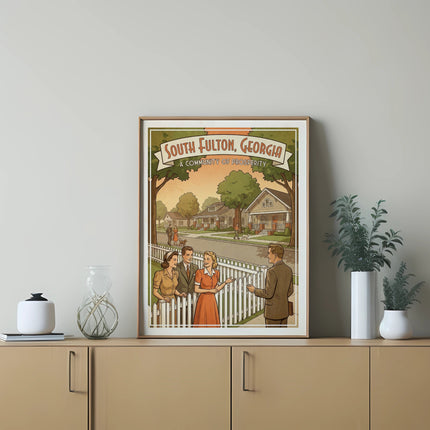 Vintage poster of South Fulton, Georgia, a community of prosperity, with people.