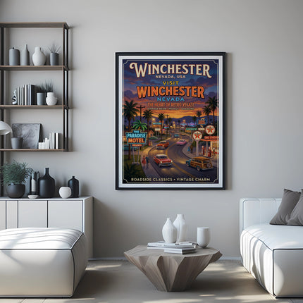Vintage-style poster for Winchester, Nevada, depicting retro cars and motels.