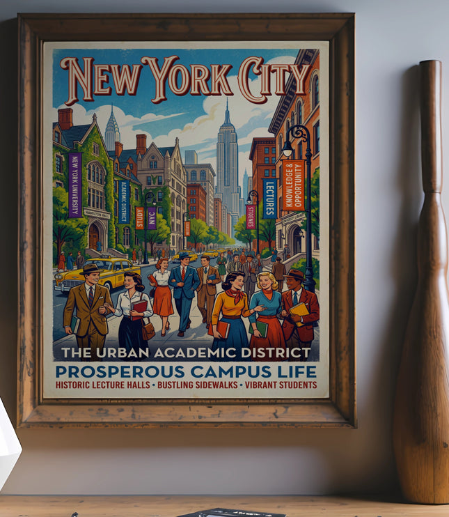 New York City vintage poster with buildings, students, and text "The Urban Academic District", "Prosperous Campus Life".