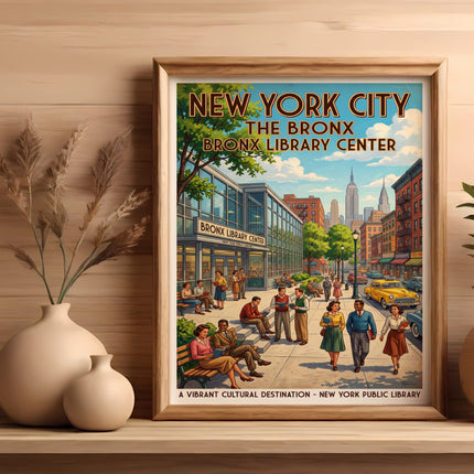Vintage poster for The Bronx Library Center in New York City.