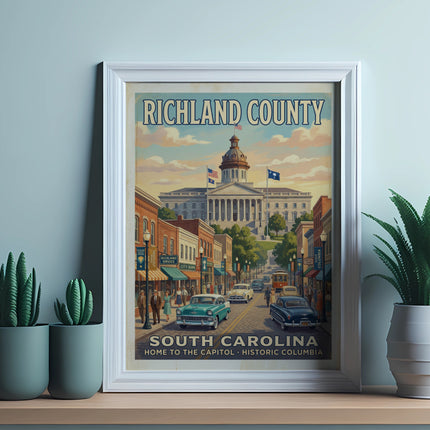 Framed poster of Richland County, South Carolina historic Columbia with capitol building and vintage cars.
