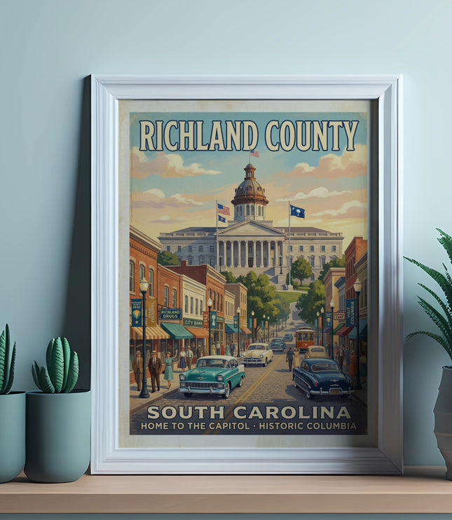 Framed poster of Richland County, South Carolina historic Columbia with capitol building and vintage cars.