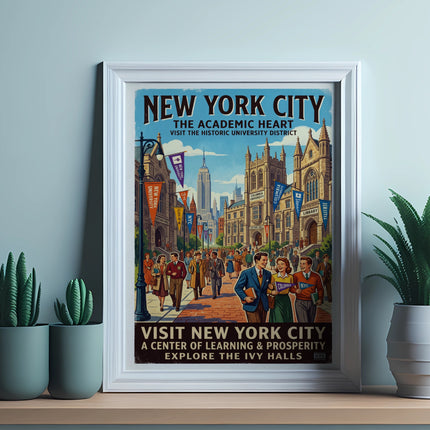 New York City: The Academic Heart vintage travel poster featuring NYU and Columbia University buildings.