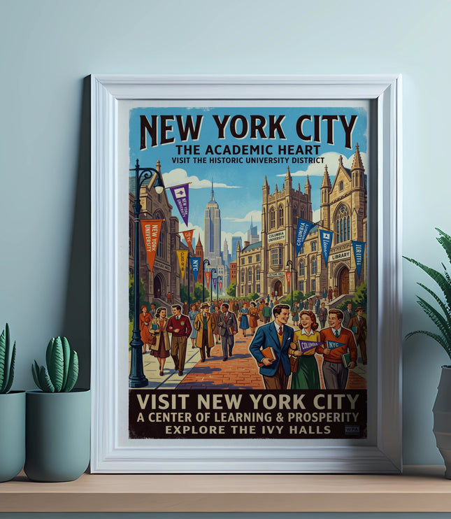 New York City: The Academic Heart vintage travel poster featuring NYU and Columbia University buildings.