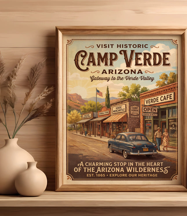 Vintage poster for Camp Verde, Arizona, showing a street scene with shops and vintage car.