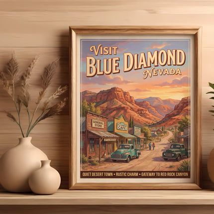 Vintage travel poster for Blue Diamond, Nevada, featuring buildings and cars.