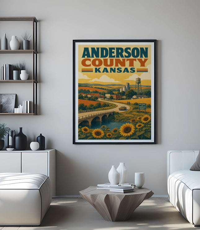 Anderson County Kansas poster with sunflowers, bridge, and rolling hills.