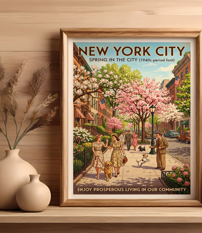 New York City Spring in the City 1940s poster with people and dogs.