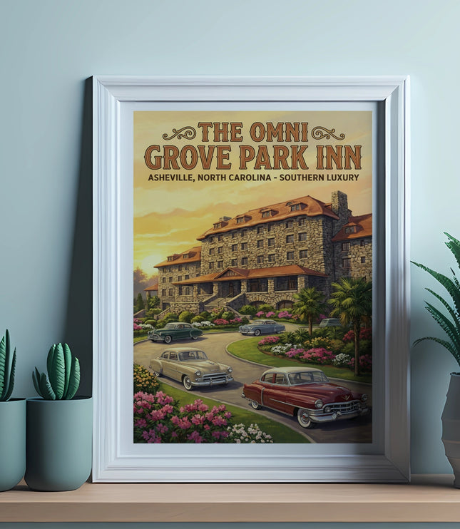 Poster of Omni Grove Park Inn, Asheville, North Carolina, with vintage cars and flowers.