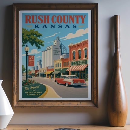 Vintage poster for Rush County, Kansas, featuring La Crosse.