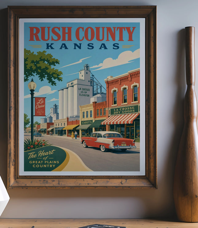 Vintage poster for Rush County, Kansas, featuring La Crosse.