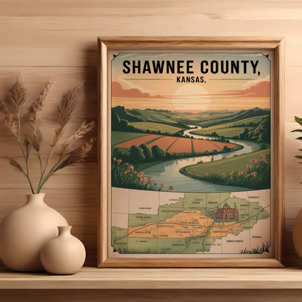 Framed map of Shawnee County, Kansas, with illustrated countryside.