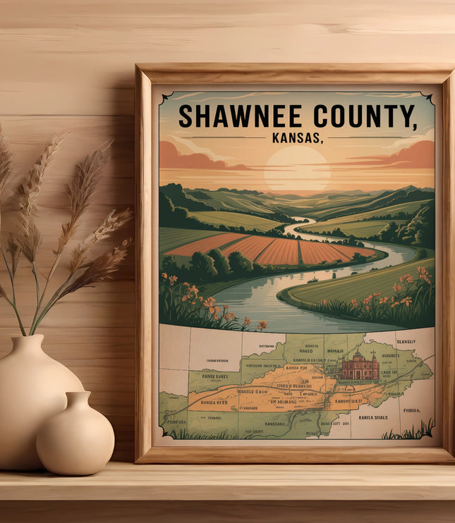 Framed map of Shawnee County, Kansas, with illustrated countryside.