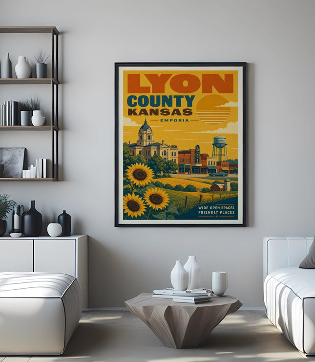 Poster for Lyon County, Kansas, featuring sunflowers and Emporia cityscape.