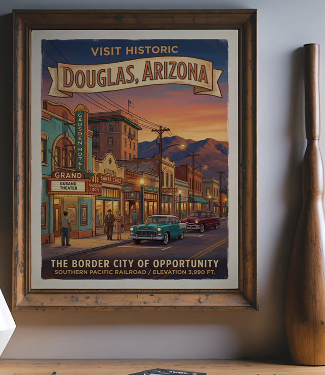 Vintage poster for Douglas, Arizona, showing a street scene with classic cars and buildings.