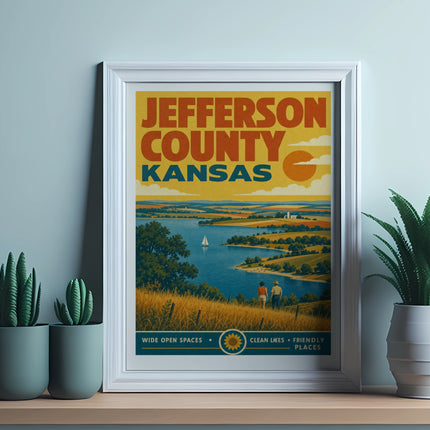 Jefferson County Kansas vintage travel poster with text.
