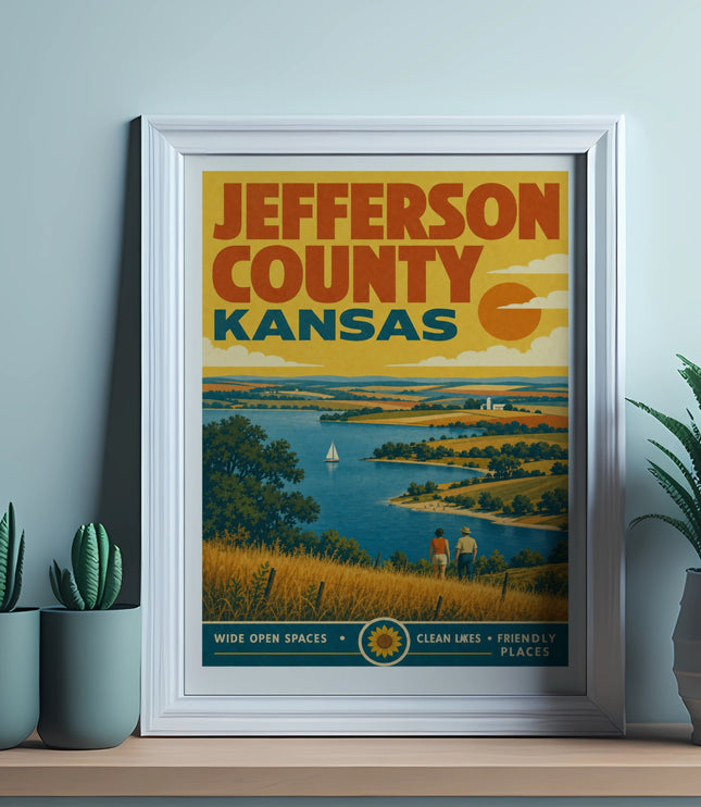 Jefferson County Kansas vintage travel poster with text.