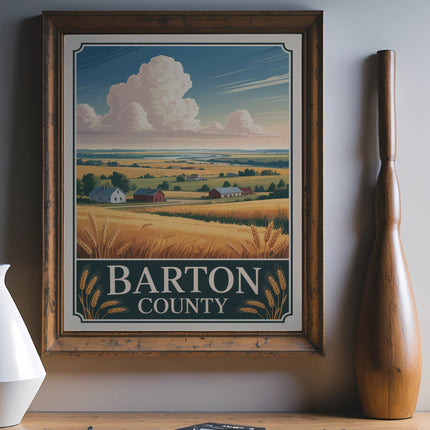 Barton County landscape with wheat fields and farm buildings under a cloudy sky.