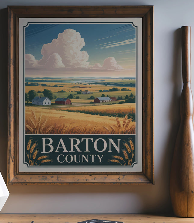 Barton County landscape with wheat fields and farm buildings under a cloudy sky.