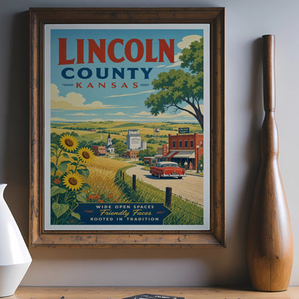 Vintage travel poster for Lincoln County, Kansas, featuring a red car.