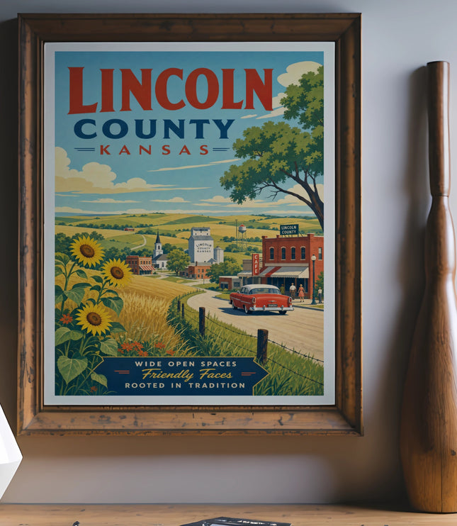 Vintage travel poster for Lincoln County, Kansas, featuring a red car.