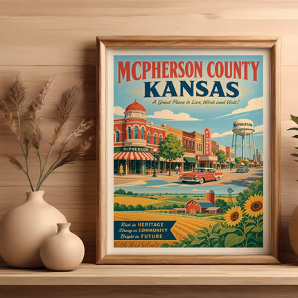 McPherson County Kansas poster with vintage town, farms, and text.