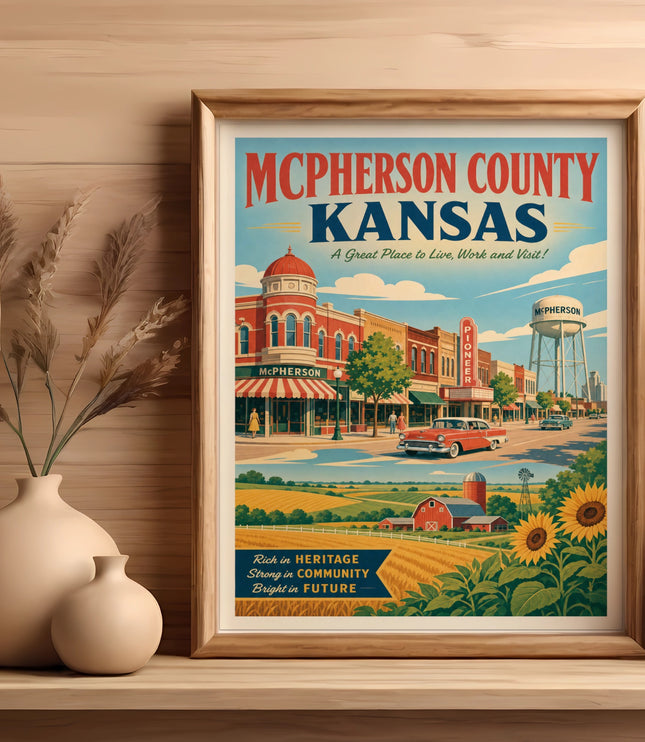 McPherson County Kansas poster with vintage town, farms, and text.
