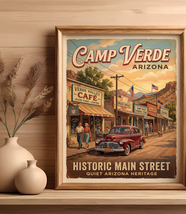 Framed vintage-style poster of Camp Verde, Arizona Historic Main Street with a red car.