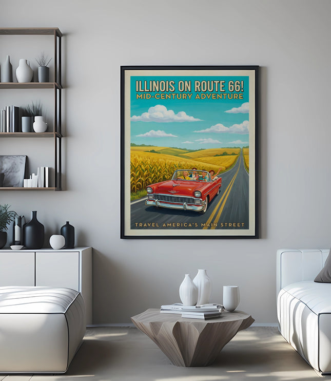 Framed poster of Illinois on Route 66 with a red convertible traveling through corn fields.