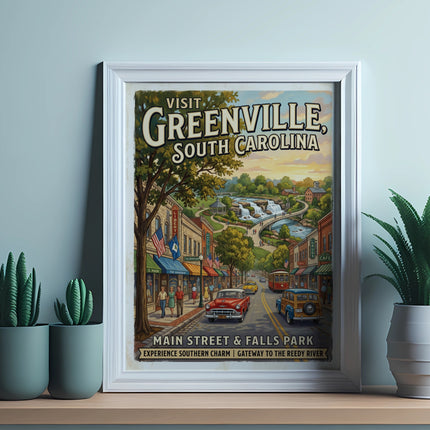 Greenville, South Carolina vintage travel poster featuring Main Street and Falls Park.