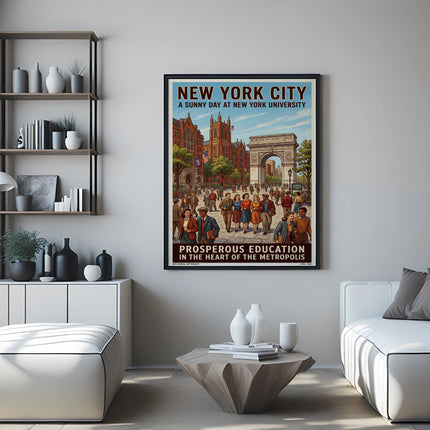 New York City art poster depicting NYU campus with "Prosperous Education" text.