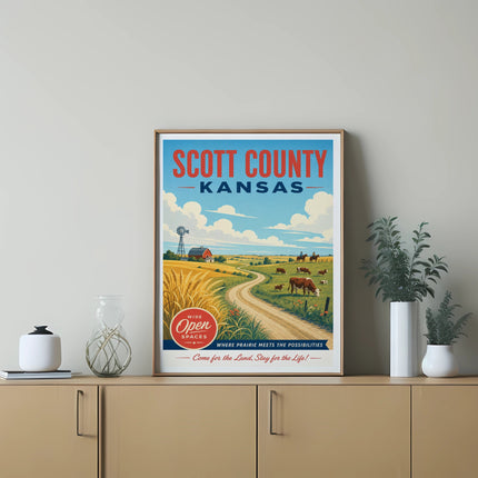 Scott County Kansas poster with farm scene and text "Wide Open Spaces".