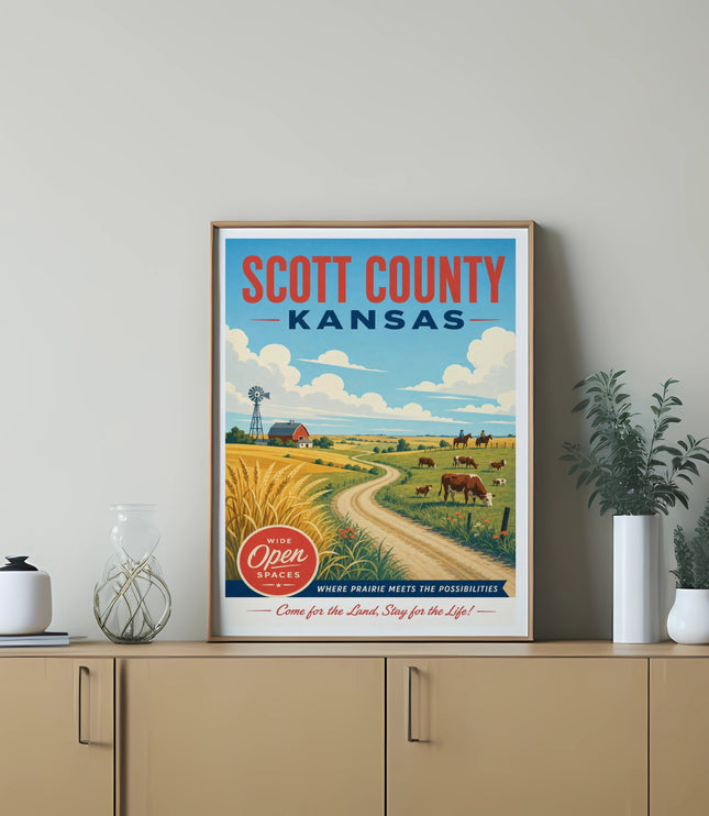 Scott County Kansas poster with farm scene and text "Wide Open Spaces".