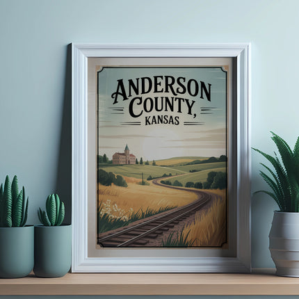 Vintage Anderson County, Kansas travel poster with railroad tracks.