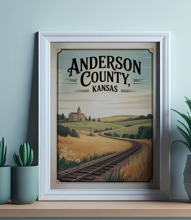 Vintage Anderson County, Kansas travel poster with railroad tracks.