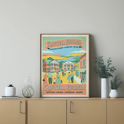 Roswell, Georgia poster depicting historic homes, museums, and shops with people strolling.