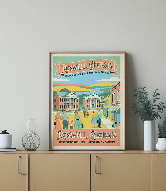 Roswell, Georgia poster depicting historic homes, museums, and shops with people strolling.