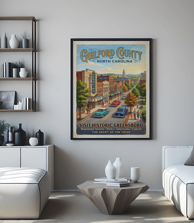 Framed vintage poster of Guilford County, North Carolina.
